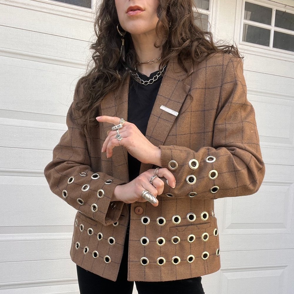Reworked Vintage Box Plaid Silver Grommet Studded Short Length Blazer